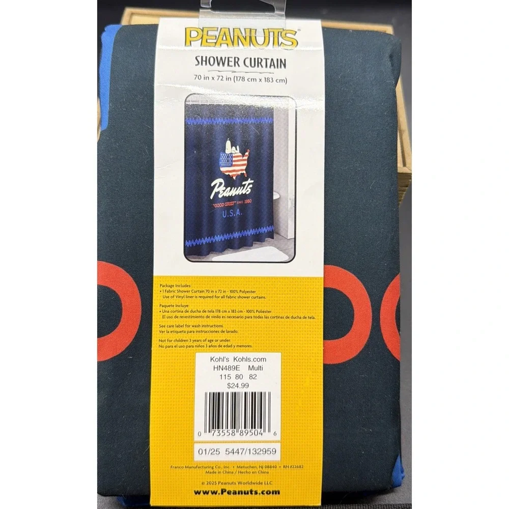 Peanuts Snoopy USA Map 75 Years Fabric Shower Curtain 70x72 Polyester Blue